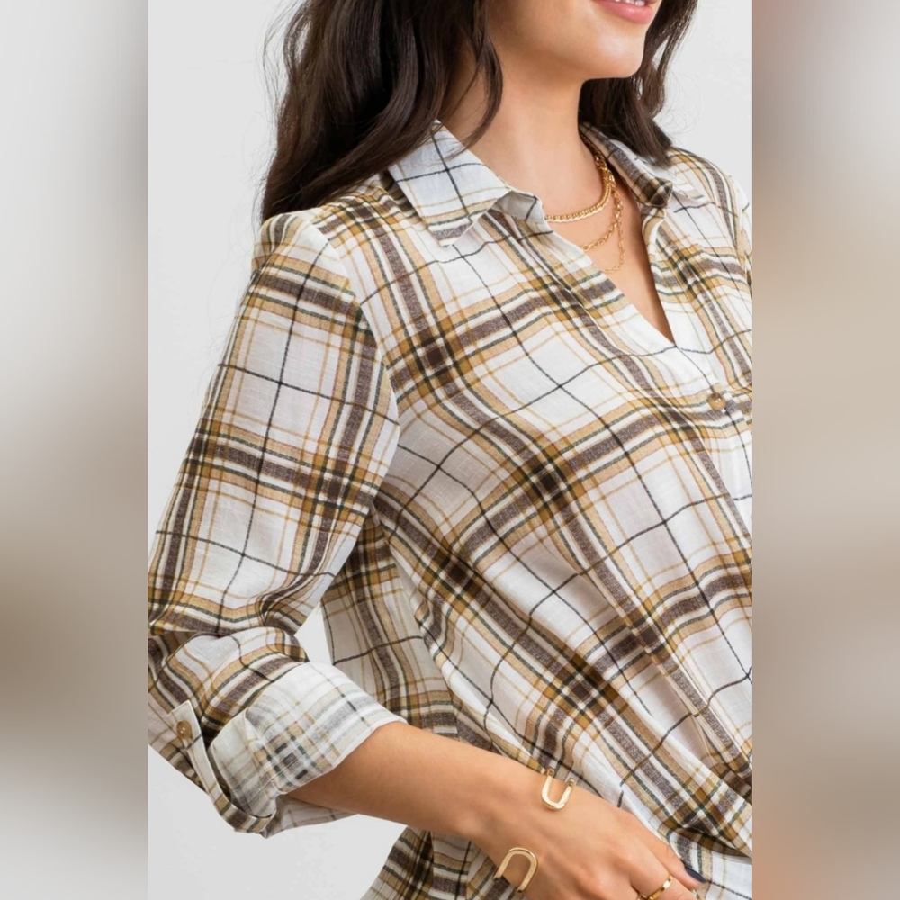 #351 🛑S, M  Boho Plaid Draped Roll Tab Sleeve Top - Picture 5 of 5